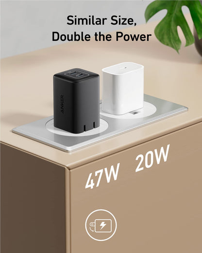 Anker 523 Nano 3 charger in black, compact 47W USB-C power adapter with sleek stone design and single port for fast charging.