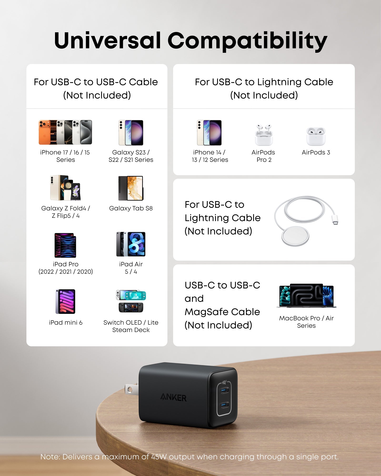 Anker 523 Nano 3 charger in black, compact 47W USB-C power adapter with sleek stone finish.