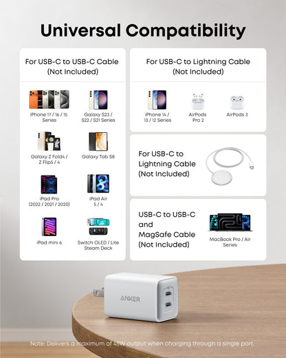 Anker 523 Nano 3 47W charger in black, compact power adapter with USB-C port for fast device charging.