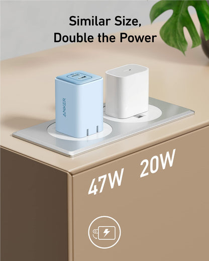 Black Anker 523 Nano 3 47W charger with compact design and USB-C port for fast device charging.