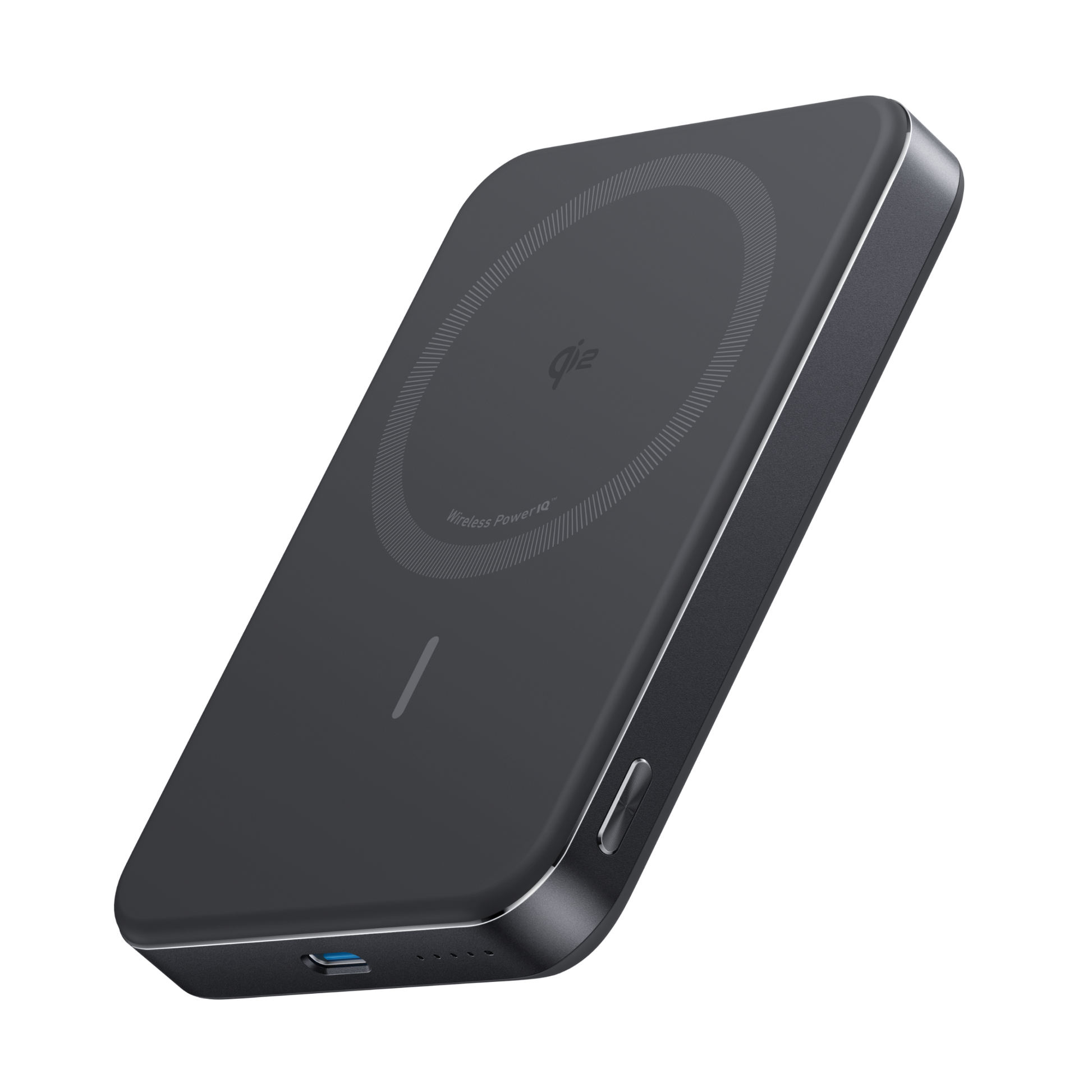 Black Anker MagGo Power Bank 10K Slim with USB-C port, compact portable charger for smartphones and devices.