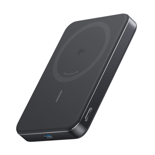 Anker MagGo Power Bank 10K Slim in black, compact portable charger with magnetic attachment for smartphones and devices.