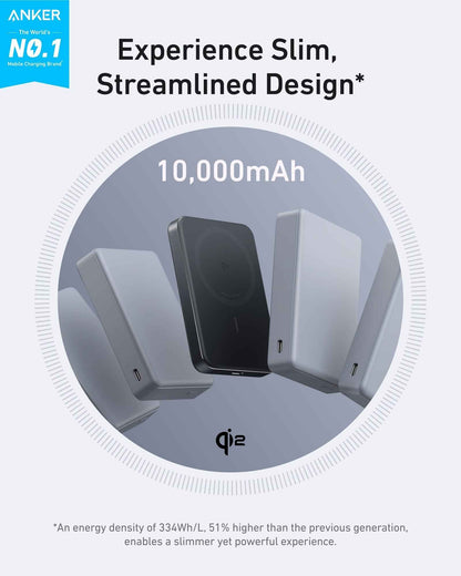 Black Anker MagGo Power Bank 10K Slim portable charger with sleek design and magnetic attachment for smartphones.