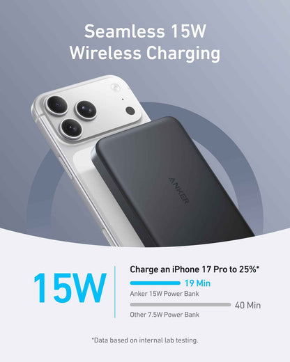 Black Anker MagGo 10K Slim Power Bank with USB-C port, compact design, and fast charging capability.