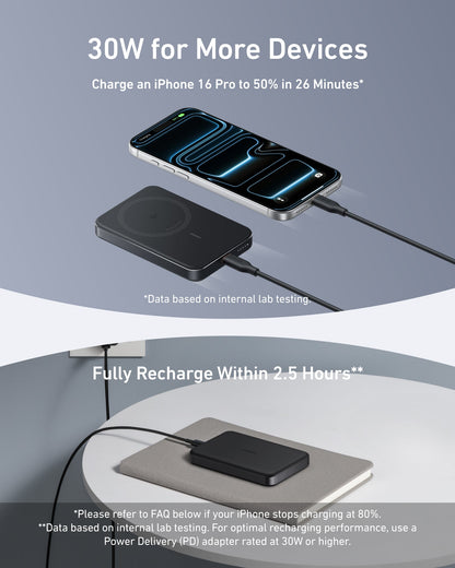 Anker MagGo Power Bank 10K Slim in black, portable external battery with compact design and magnetic charging capability