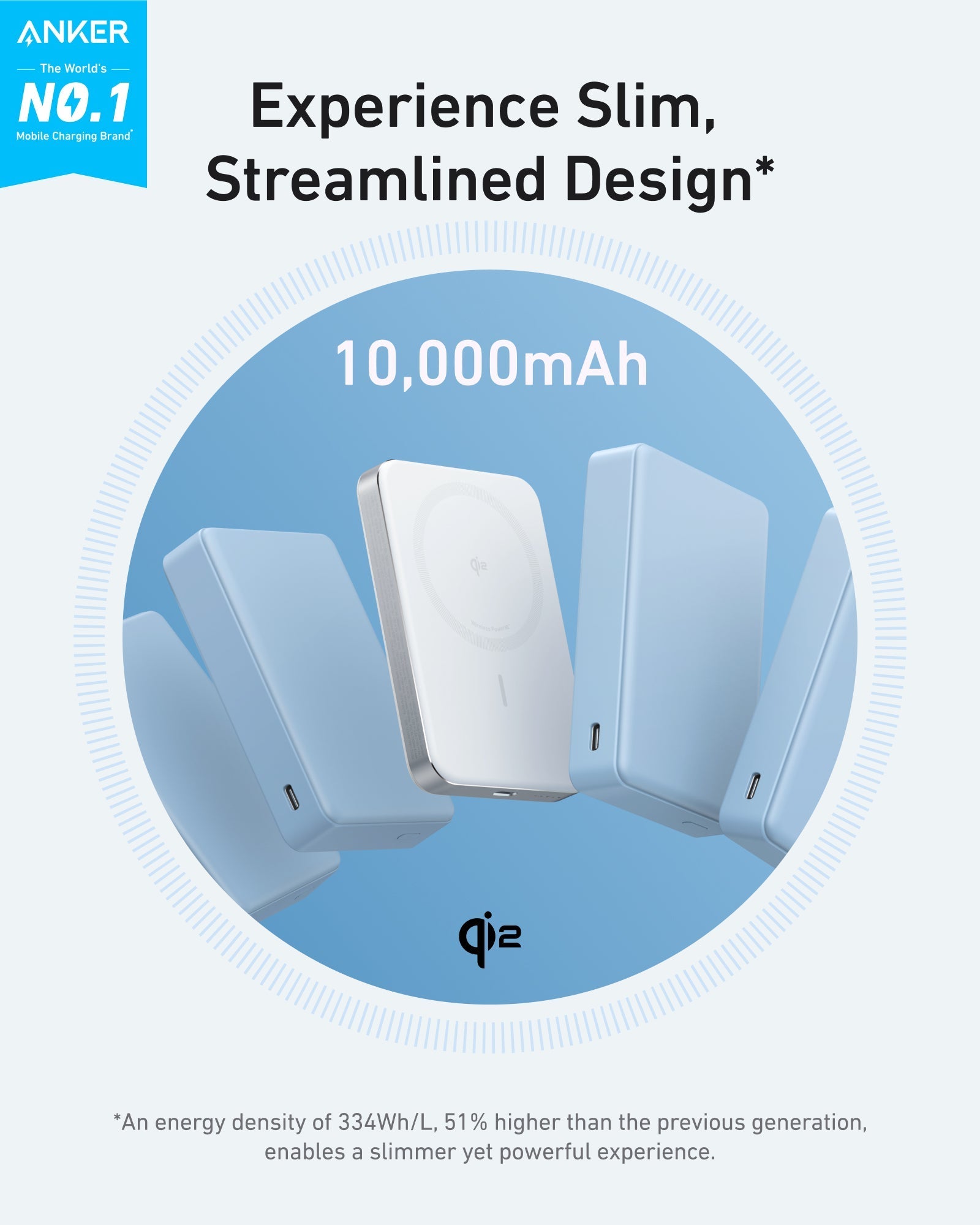Black Anker MagGo Power Bank 10K Slim with USB-C port, compact portable charger for smartphones and devices.
