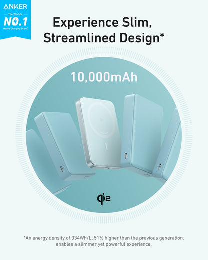 Anker MagGo Power Bank 10K Slim in black with sleek design and USB-C port for portable device charging.