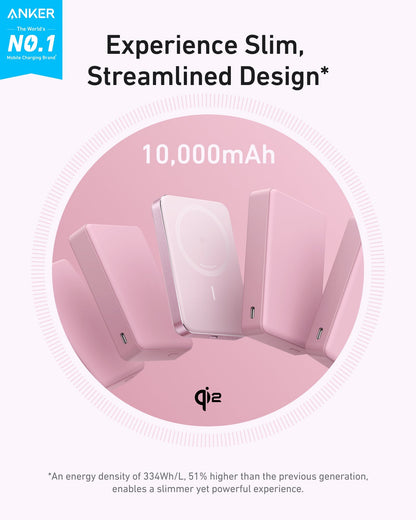 Black Anker MagGo 10K Slim Power Bank with magnetic attachment for portable charging and sleek design.