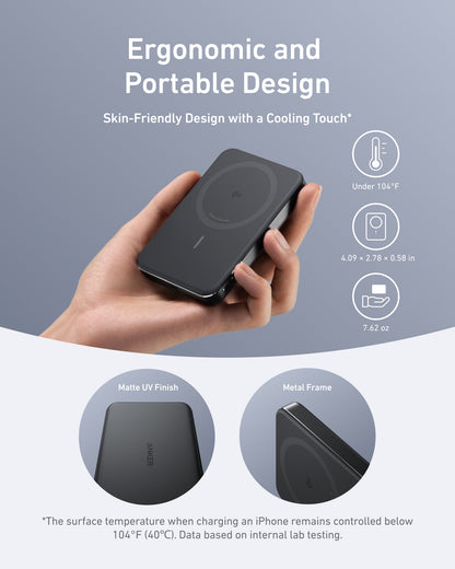 Black Anker MagGo Power Bank 10K Slim with magnetic charging feature, compact design, and portable for on-the-go charging.