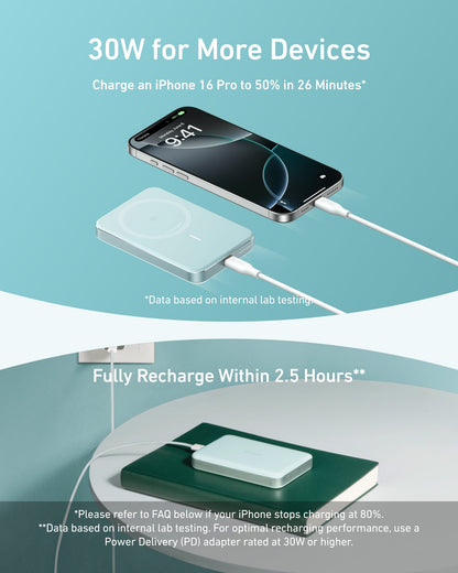 Black Anker MagGo Power Bank 10K Slim with LED indicator, portable rechargeable battery for smartphones and devices.