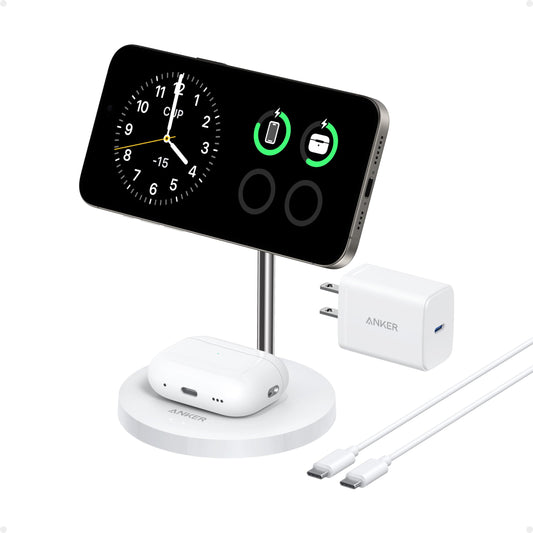 Anker MagGo 2-in-1 wireless charger stand in white with charging pad for smartphones and accessories.