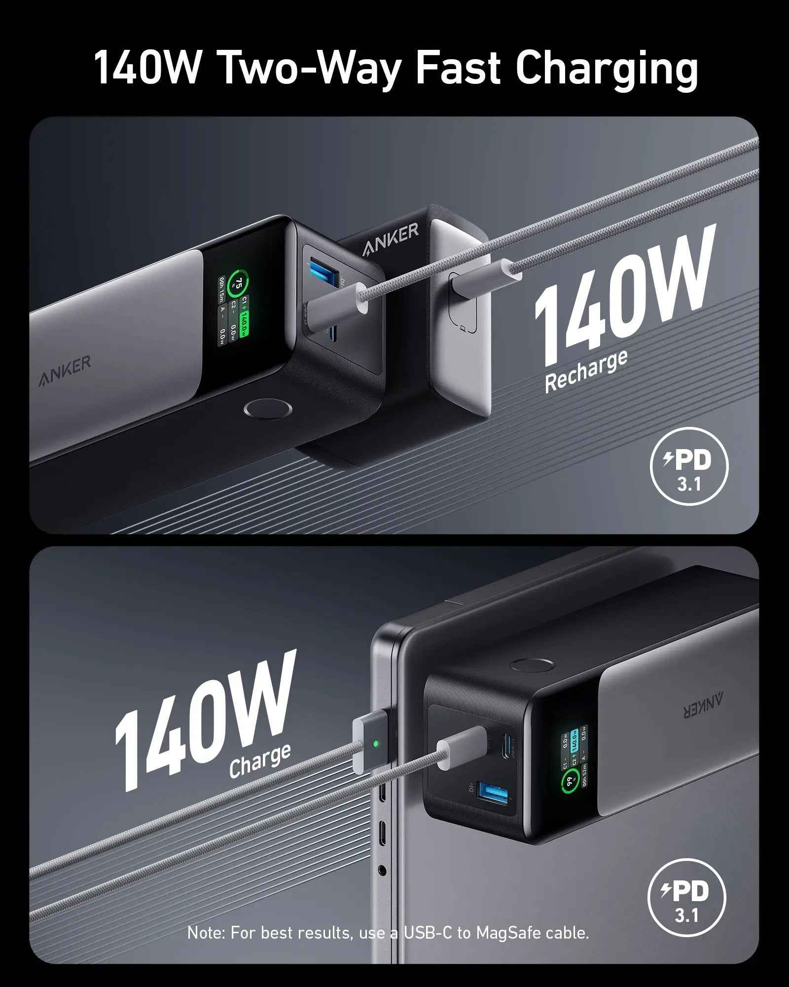 Black Anker 737 PowerCore 24K portable power bank for charging devices, featuring multiple USB ports for fast power delivery.