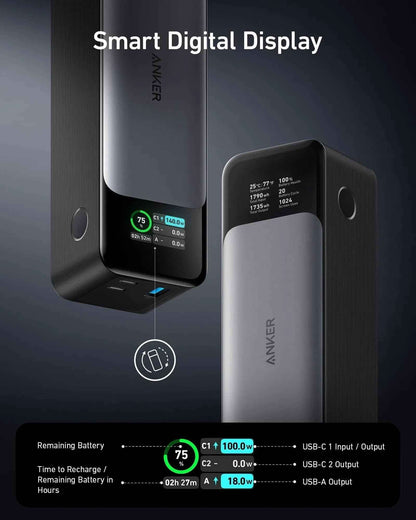 Anker 737 PowerCore 24K black portable power bank for charging devices on the go, compact and high-capacity design.