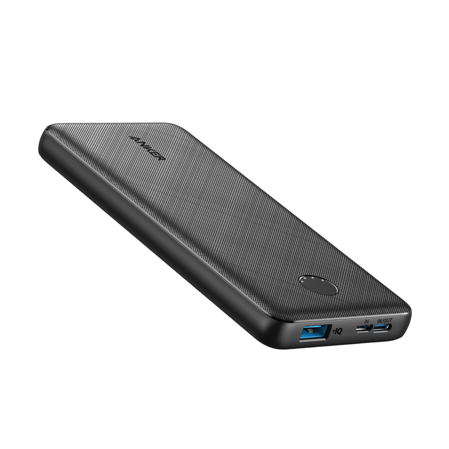 Anker PowerCore 10K portable power bank in black, designed for charging devices on the go.