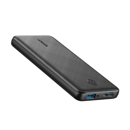 Anker PowerCore 10K portable power bank in black, designed for charging devices on the go.