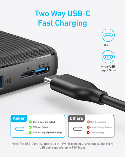 Anker PowerCore 10K 313 black portable power bank for charging devices, compact and lightweight design.