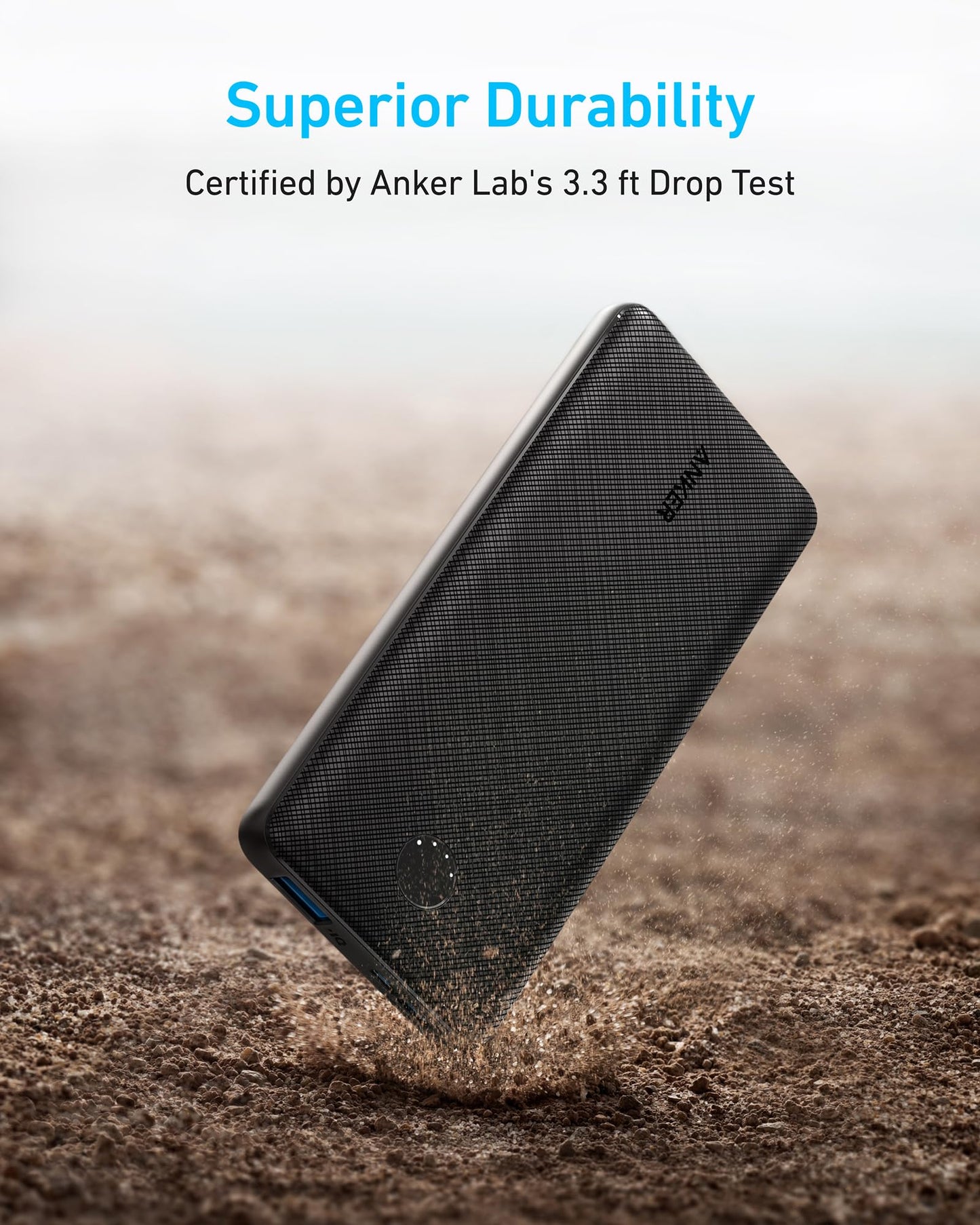Anker PowerCore 10K portable power bank in black for charging devices on the go, compact and lightweight design.