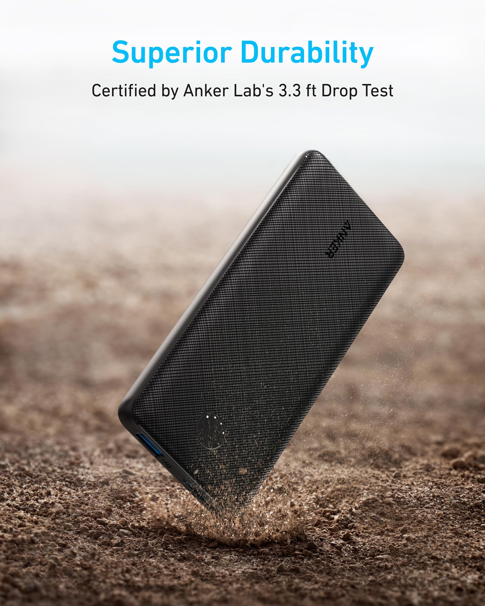 Anker PowerCore 10K portable power bank in black for charging devices on the go, compact and lightweight design.