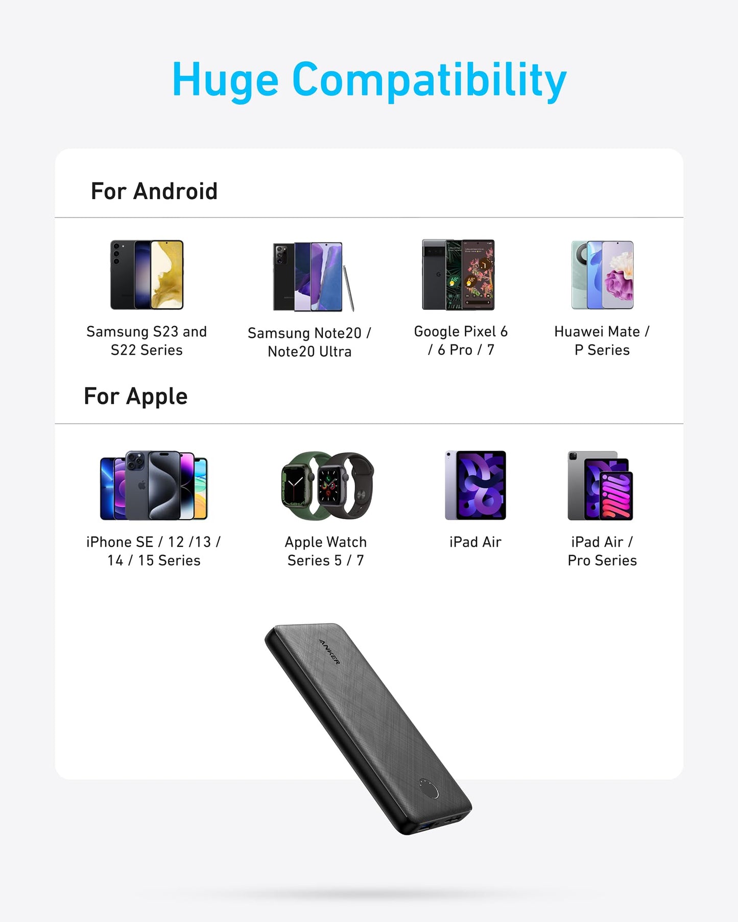 Anker PowerCore 10K portable power bank in black for charging devices, compact and lightweight design.