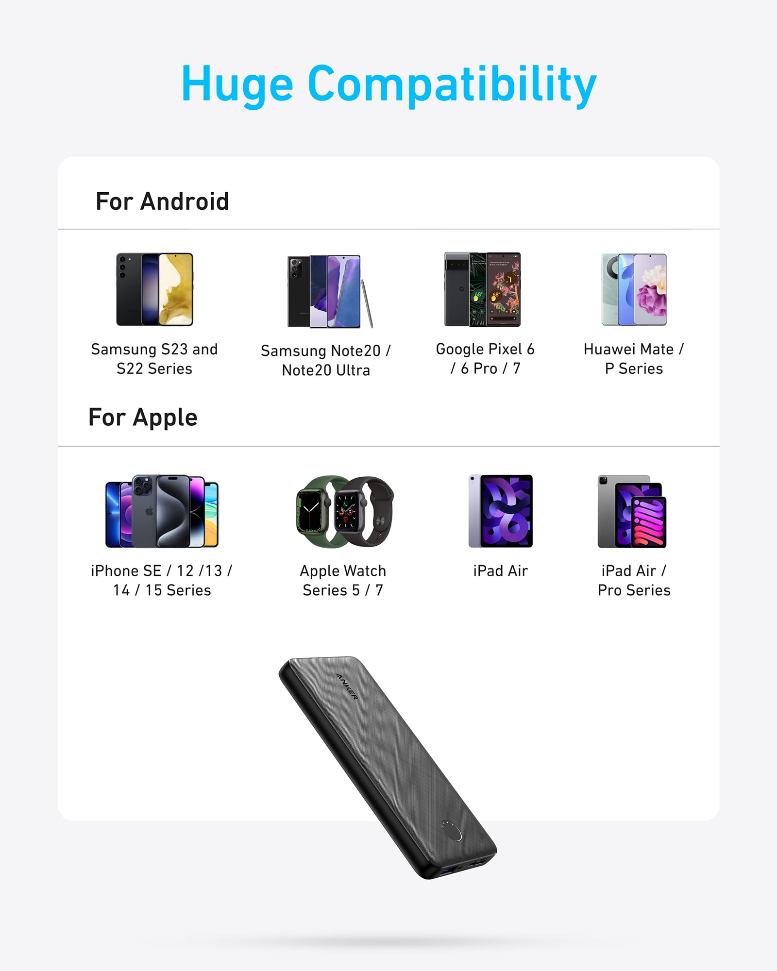 Anker PowerCore 10K portable power bank in black for charging devices, compact and lightweight design.