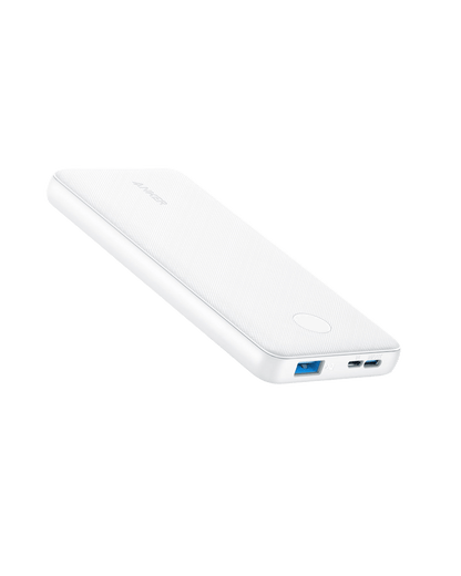 Black Anker PowerCore 10K portable power bank for charging devices, compact and lightweight for on-the-go charging.