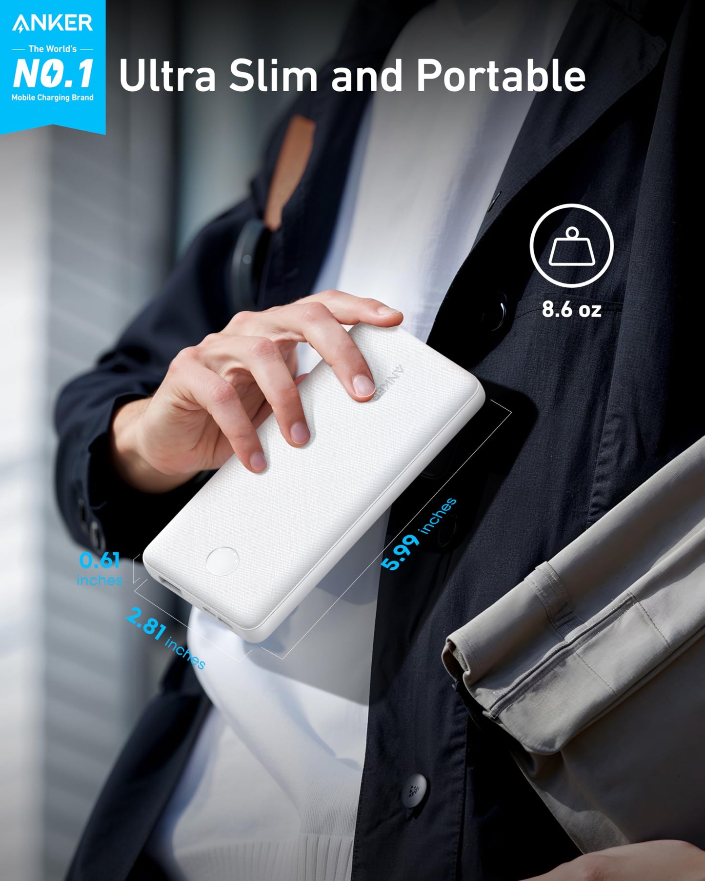 Black Anker PowerCore 10K portable power bank for charging devices, compact and lightweight for on-the-go power.