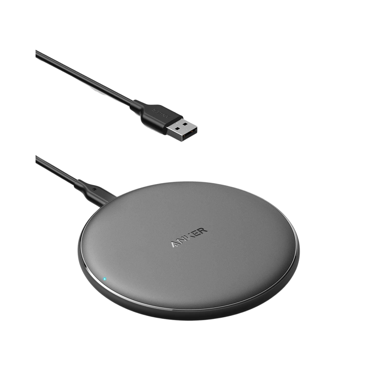 Anker 313 wireless charging pad in black for charging smartphones and compatible devices without cables.