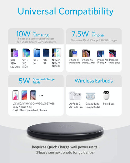 Anker 313 wireless charging pad in black for fast, convenient wireless charging of compatible smartphones and devices.
