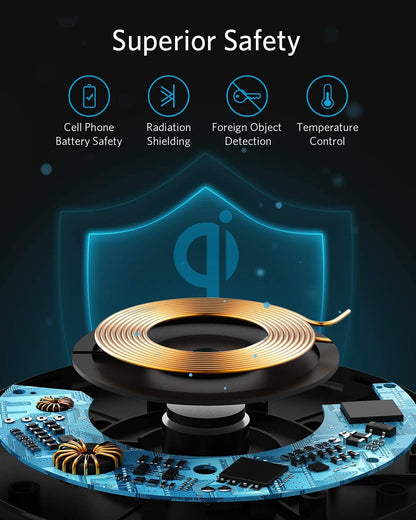 Anker 313 wireless charging pad in black for fast, cable-free charging of compatible smartphones and devices.