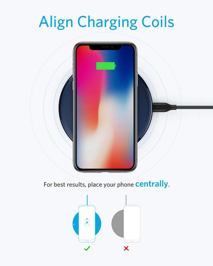 Anker 313 wireless charging pad in black, designed for fast and convenient charging of compatible smartphones.