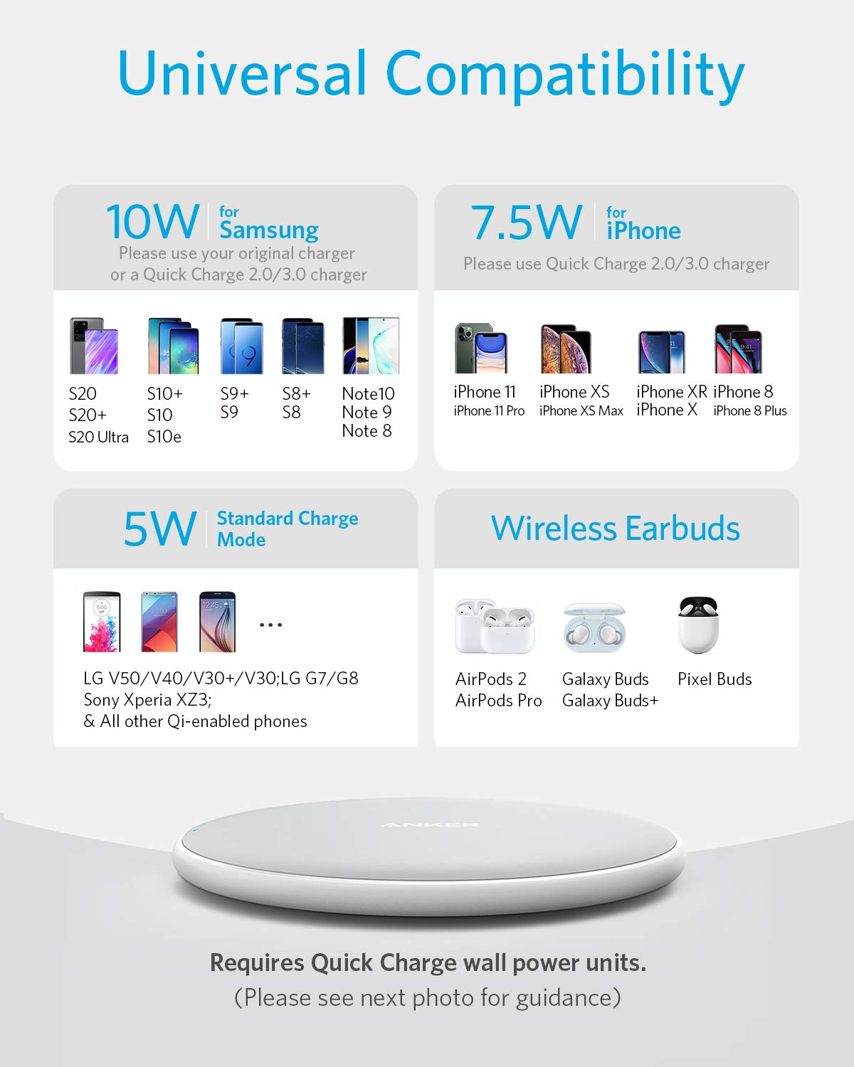 Anker 313 wireless charging pad in black for charging compatible smartphones wirelessly on a sleek, minimalist surface.