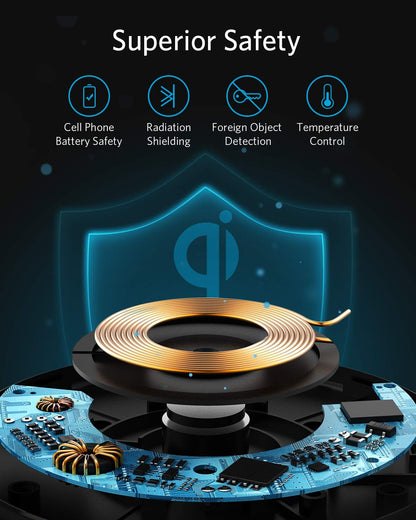 Anker 313 wireless charging pad in black for fast, cable-free charging of compatible smartphones and devices.