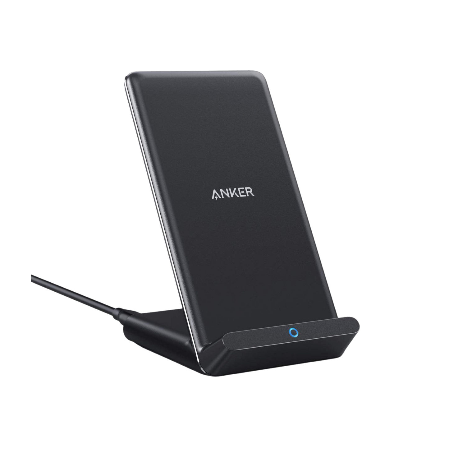 Anker 313 Wireless Charger Stand in black for charging smartphones wirelessly with a sleek, vertical stand design.