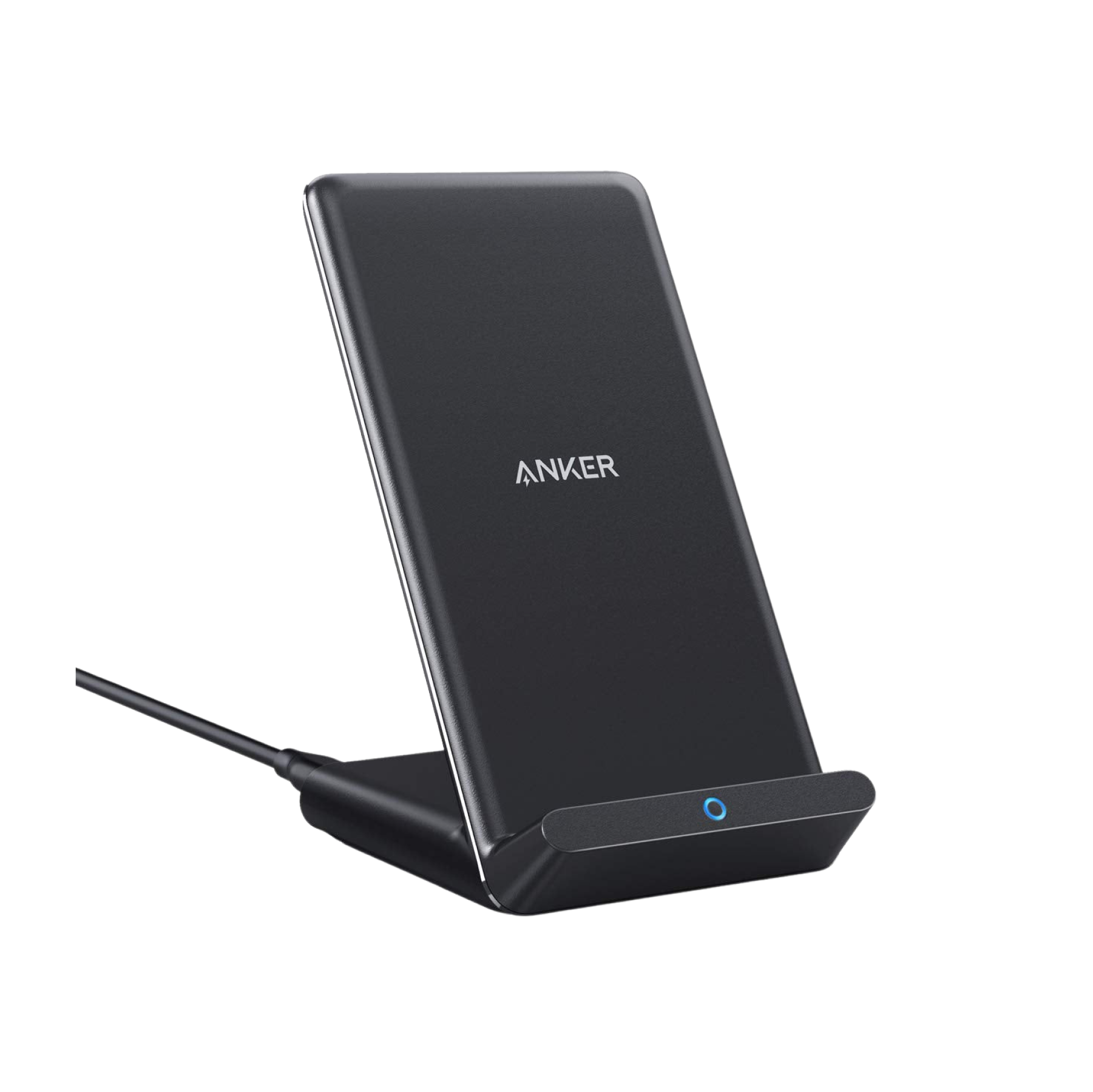 Anker 313 Wireless Charger Stand in black for charging smartphones wirelessly with a sleek, vertical stand design.