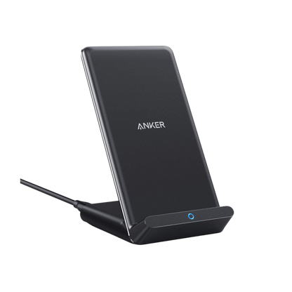Anker 313 Wireless Charger Stand in black for charging smartphones wirelessly with a sleek, vertical stand design.