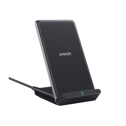 Anker 313 Wireless Charger Stand for charging smartphones wirelessly, featuring a sleek vertical design and adjustable viewing angle.