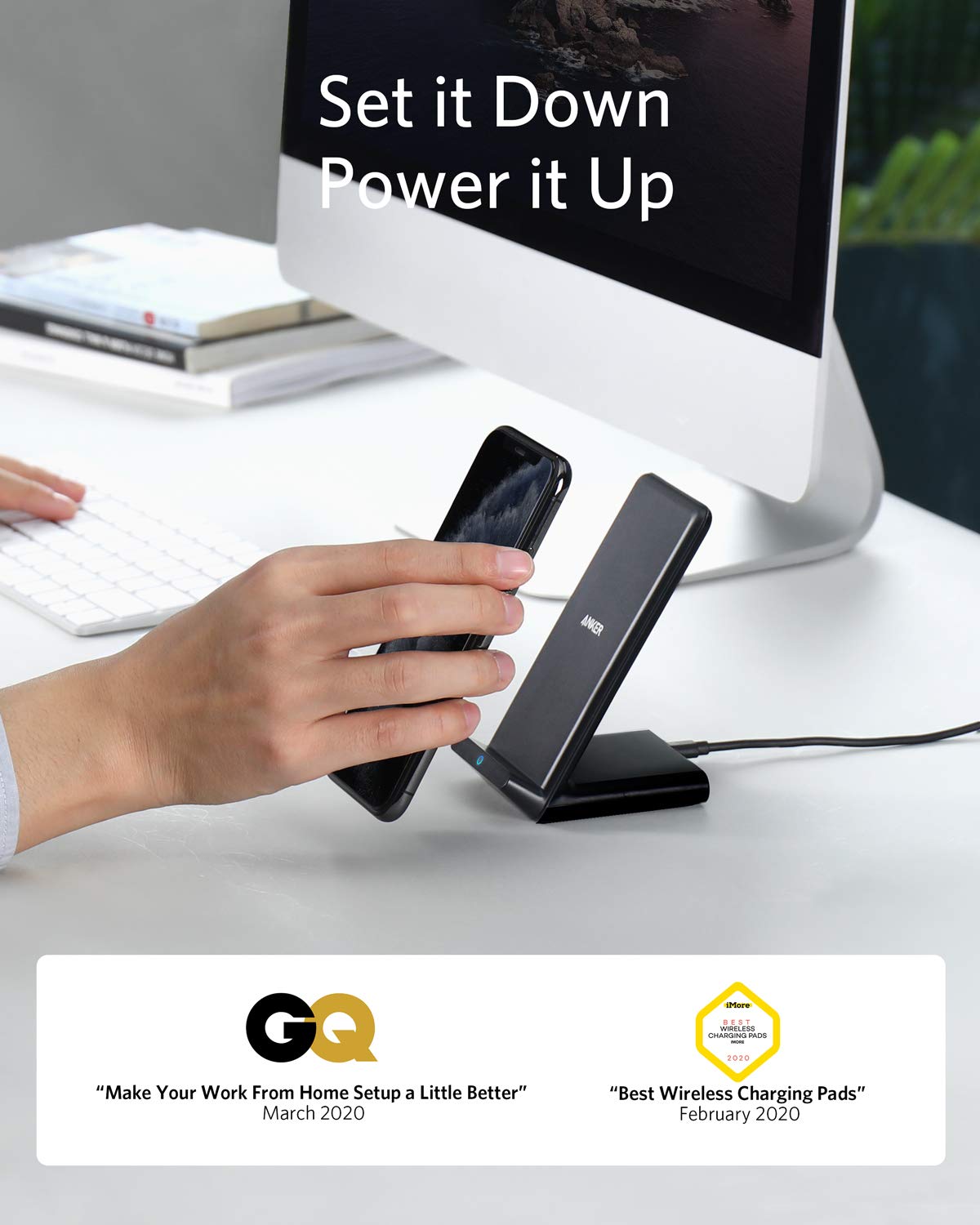 Anker 313 wireless charging stand in black for fast, convenient wireless charging of smartphones and compatible devices.