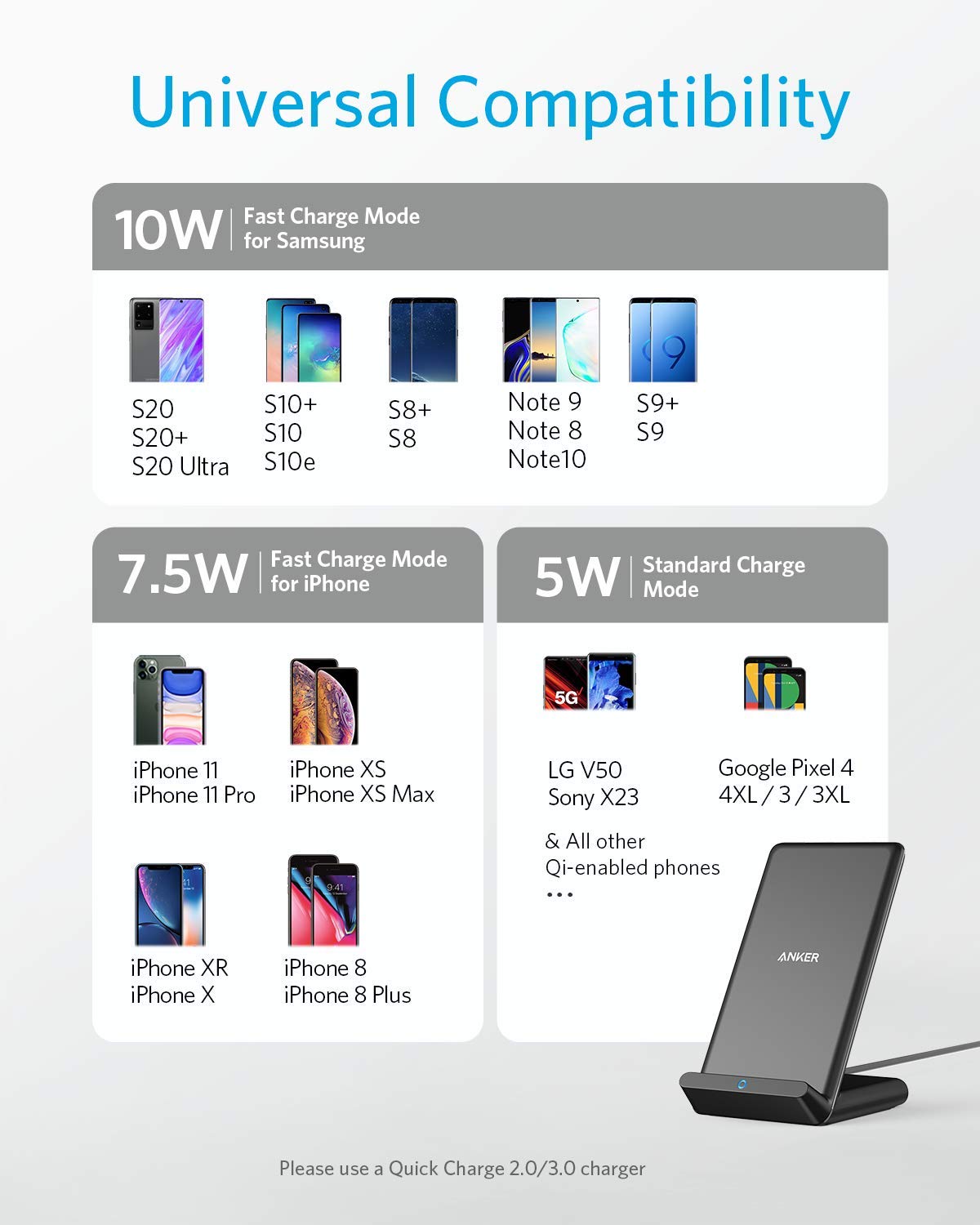 Black Anker 313 Wireless Charger Stand for charging smartphones wirelessly in a sleek stand design.