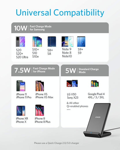 Black Anker 313 Wireless Charger Stand for charging smartphones wirelessly in a sleek stand design.
