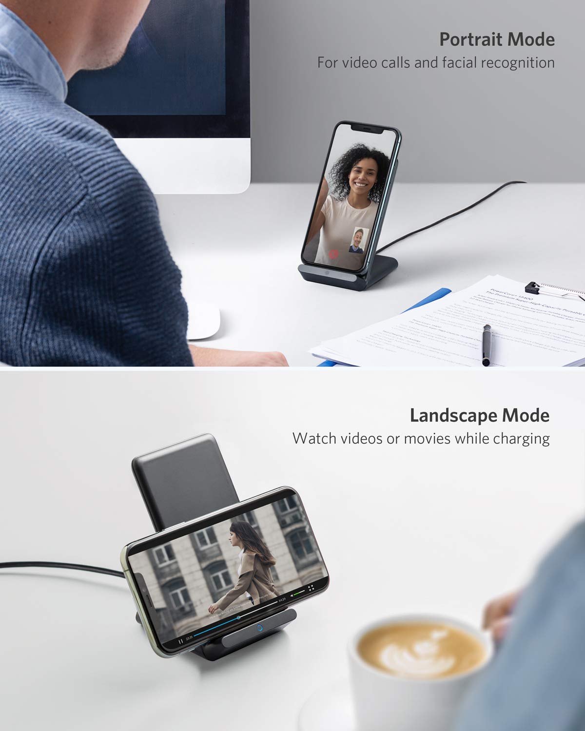 Anker 313 wireless charging stand in black for fast and convenient wireless charging of compatible smartphones.