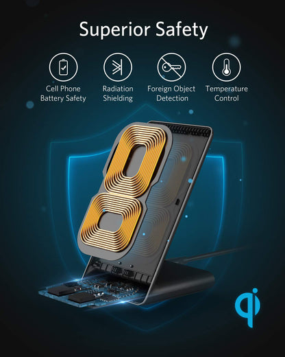 Anker 313 wireless charging stand in black for convenient charging of smartphones without cords.