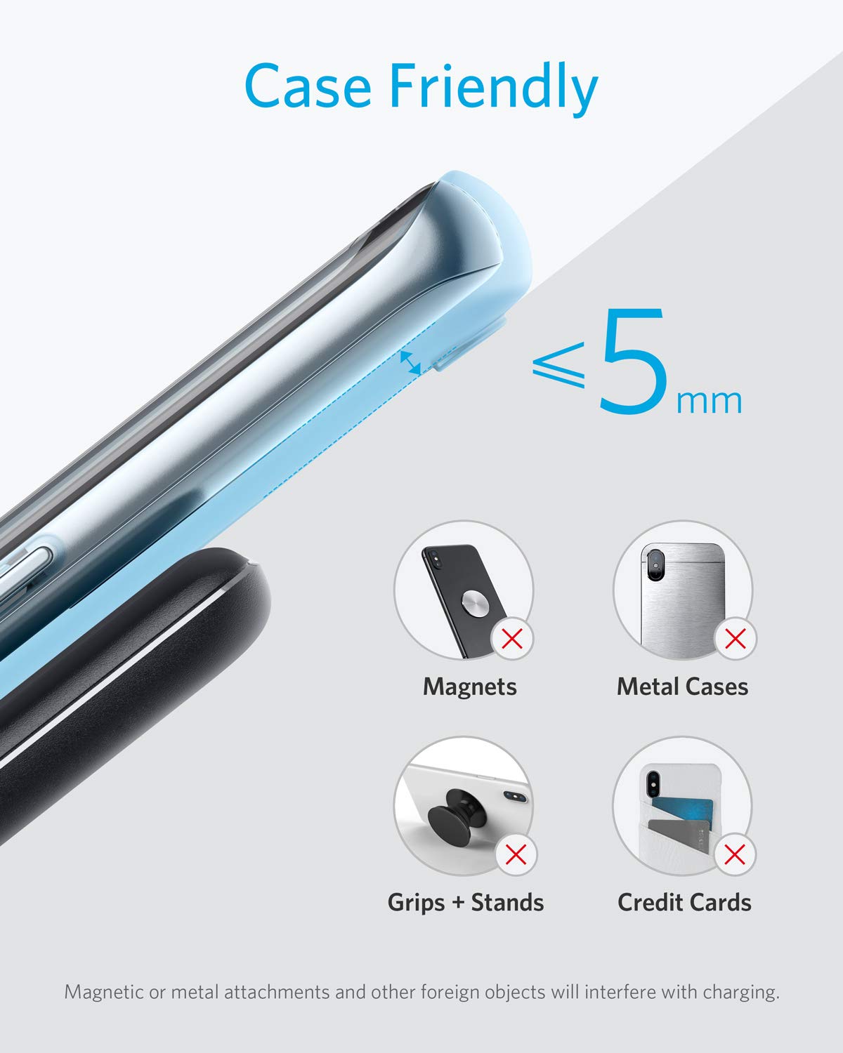 Anker 313 wireless charging stand in black for fast, cable-free charging of compatible smartphones, with a sleek upright design.