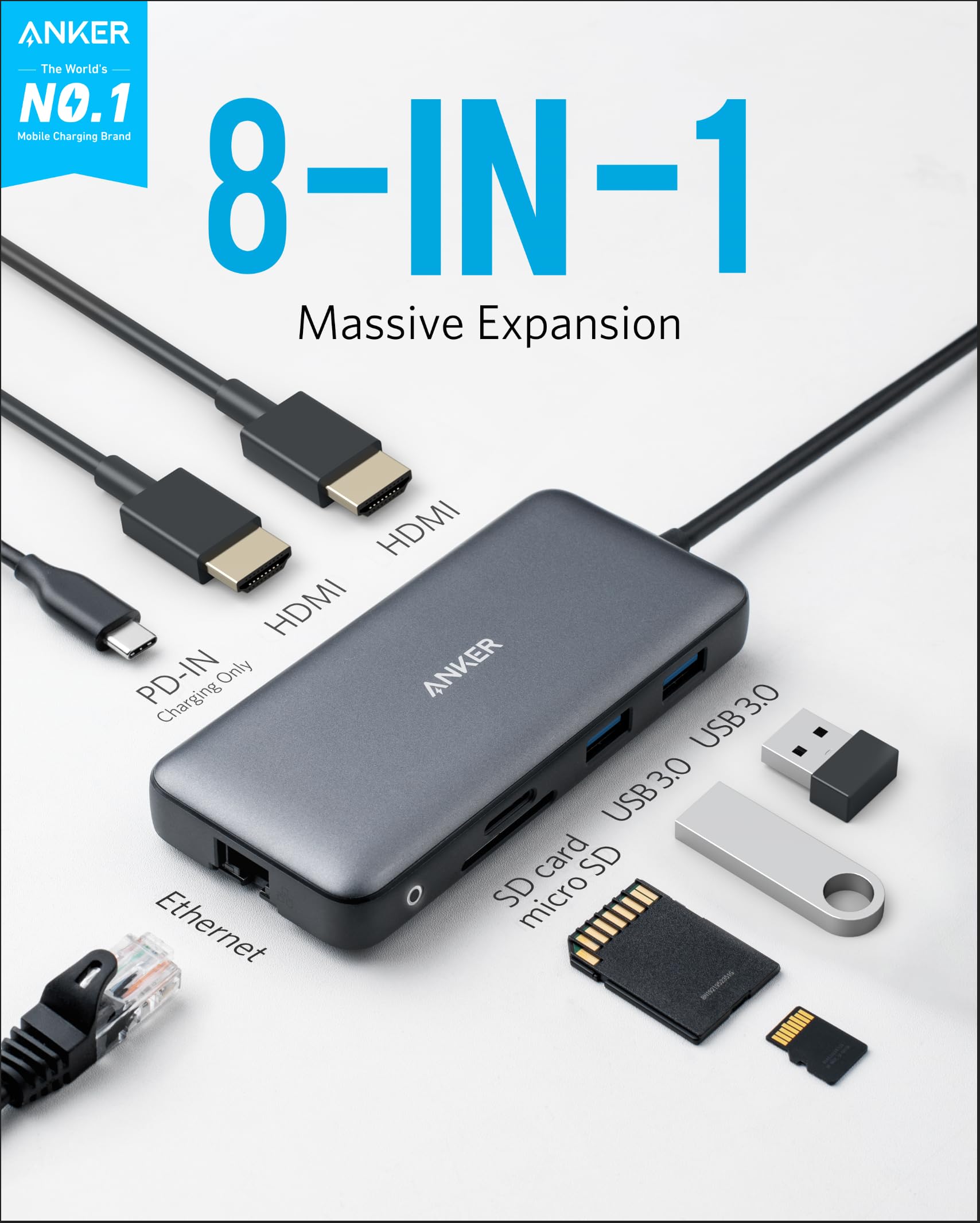 Anker 553 USB-C Hub in black showing multiple ports for charging and connectivity in a close-up view.