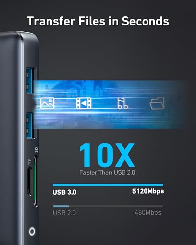 Anker 553 USB-C Hub in black showing multiple ports for charging and connectivity on a sleek device.