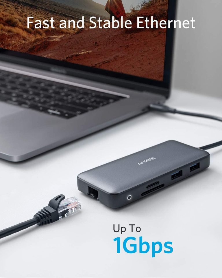 Black Anker 553 USB-C Hub with 8 ports for charging only, showcasing multiple USB-C, USB-A, and power delivery ports.