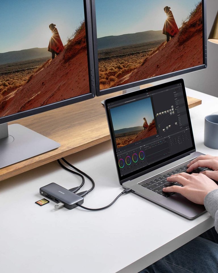 Black Anker 553 USB-C Hub 8-in-1 for charging, with multiple ports, designed for versatile device connectivity and power delivery.