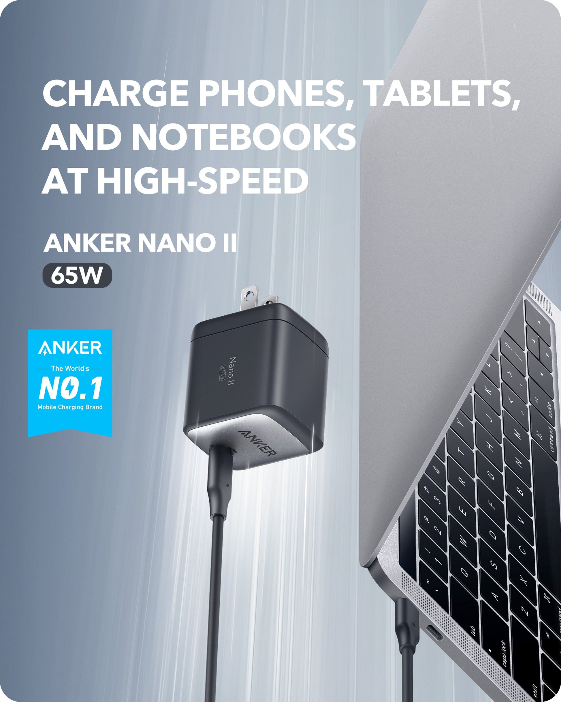 Anker 715 Nano II 65W fast charger in black, compact design for quick device charging, shown from the front angle.