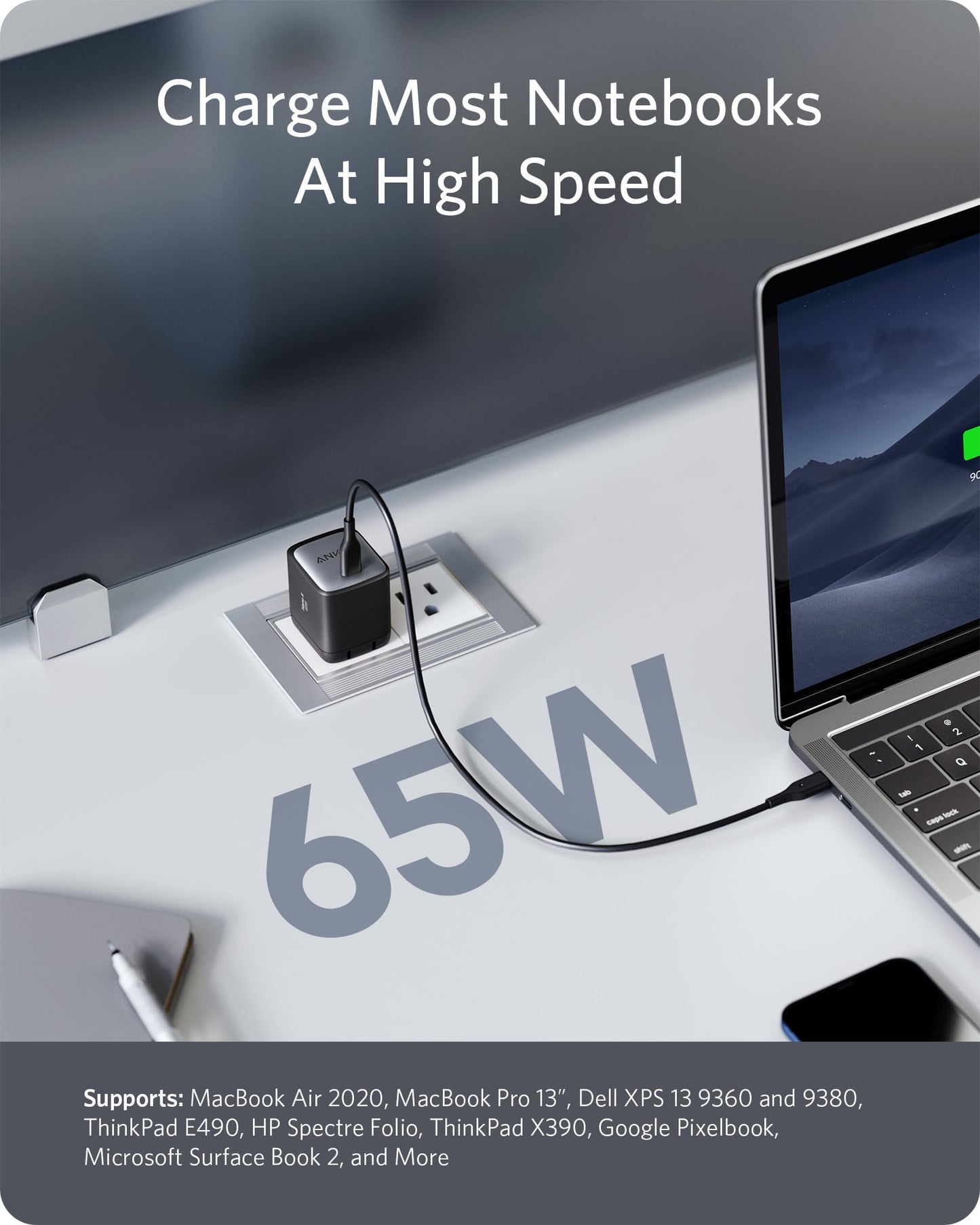 Anker 715 Nano II 65W charging-only black USB-C wall charger with compact design and power delivery for fast device charging.