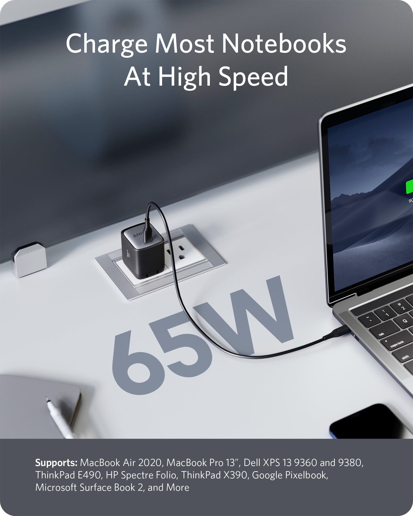 Anker 715 Nano II 65W charging-only black USB-C wall charger with compact design and power delivery for fast device charging.