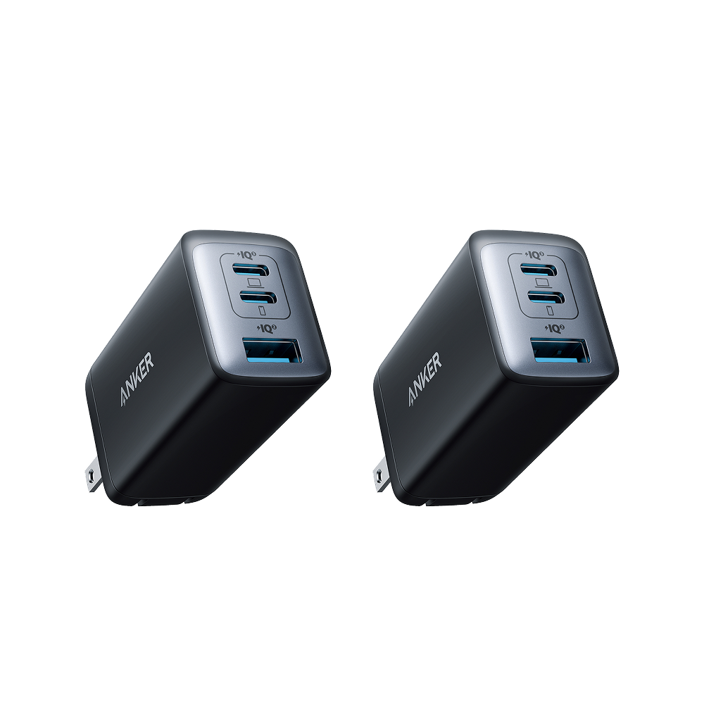 Two black Anker 735 Nano II 65W charging chargers in a 2-pack, compact and sleek for fast device charging.